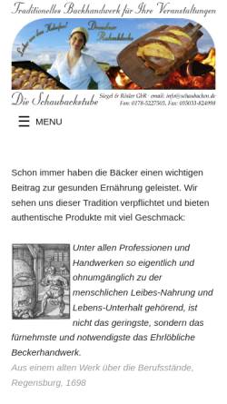 Vorschau der mobilen Webseite www.schaubacken.de, Dresdner Schaubackstube und Handbrotbäckerei - Siegel und Rösler GbR