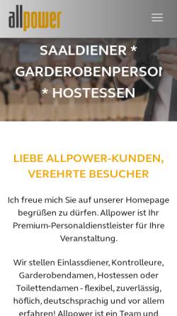 Vorschau der mobilen Webseite www.allpower-personal.de, Allpower Veranstaltungsservice GmbH