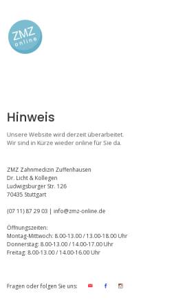 Vorschau der mobilen Webseite www.zmz-online.de, ZMZ Zahnmedizin - Dr. Licht und Kollegen