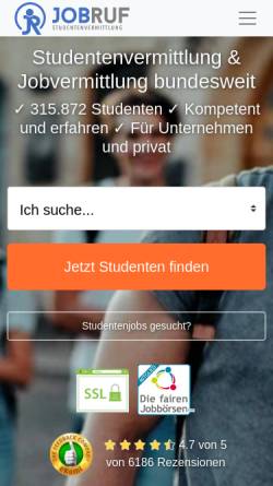 Vorschau der mobilen Webseite www.jobruf.de, Studentenvermittlung Jobruf GmbH