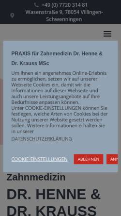 Vorschau der mobilen Webseite zahnarzt-henne-krauss.com, Praxis für Zahnmedizin Dr. Roland Henne, Dr. Krauss