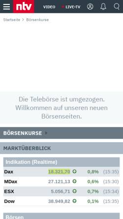Vorschau der mobilen Webseite www.teleboerse.de, N-tv Telebörse