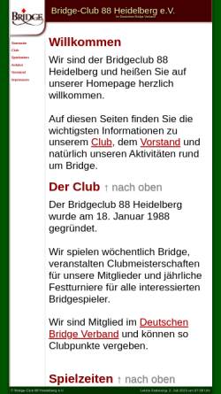 Vorschau der mobilen Webseite www.bridgeclub-hd88.de, Bridgeclub 88 Heidelberg e.V.