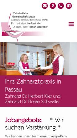 Vorschau der mobilen Webseite www.zahnarzt-passau.com, Zahnarztpraxis Dr. Herbert Klier und Dr. Flroian Schweller