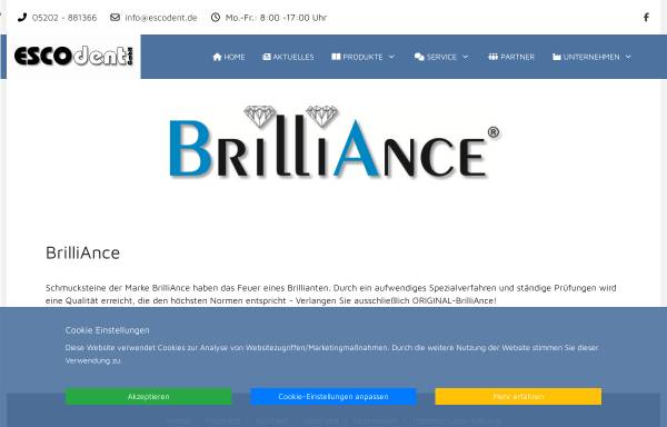 Vorschau von www.brilliance.de, ESCOdent dental- u. allgemeinmedizinische Artikel GmbH