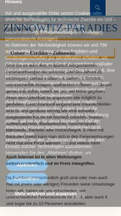 Vorschau der mobilen Webseite www.zinnowitz-paradies.de, Urlaubsunterkünfte auf zinnowitz-paradies.de; Inhaber: Stefan Böhm