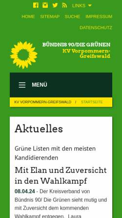 Vorschau der mobilen Webseite gruene-vorpommern-greifswald.de, Bündnis 90/Die Grünen Kreisverband Greifswald-Vorpommern