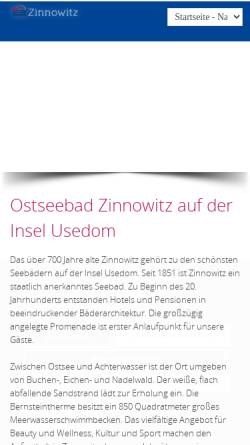 Vorschau der mobilen Webseite www.zinnowitz.de, Kurverwaltung des Ostseebades Zinnowitz