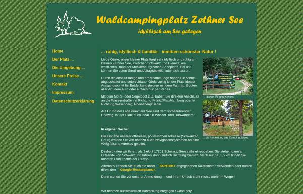 Vorschau von www.waldcamping-zethner-see.de, Waldcampingplatz Zethner See - Peter Müller und Andrea Schulze GbR