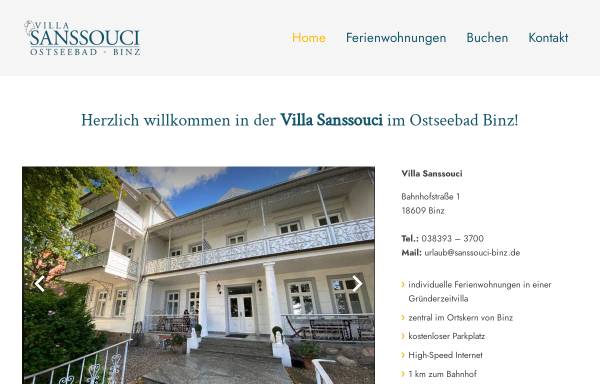 Vorschau von www.binz-ferienwohnungen-ruegen.de, Villa Sanssouci