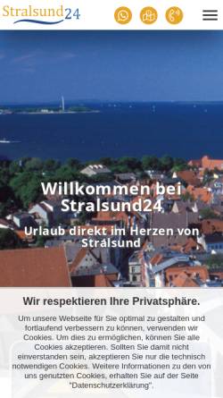 Vorschau der mobilen Webseite www.stralsund24.com, Ferienwohnungen Rugia & Mien Hüsing