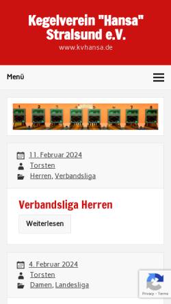 Vorschau der mobilen Webseite www.kvhansa.de, Kegelverein Hansa Stralsund e. V.