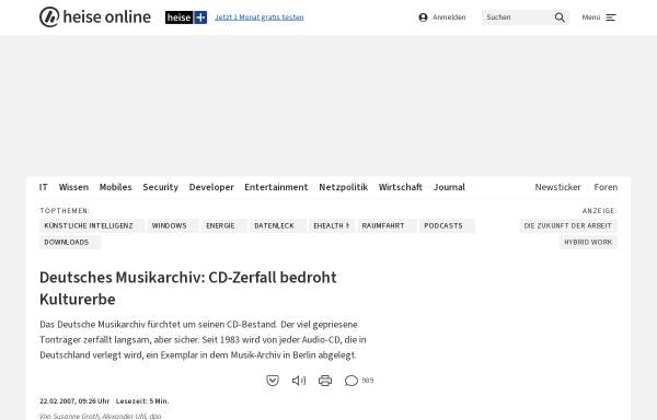 Vorschau von www.heise.de, Deutsches Musikarchiv: CD-Zerfall bedroht Kulturerbe