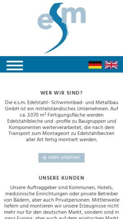Vorschau der mobilen Webseite www.esm-pirna.de, E.s.m. Edelstahl- Schwimmbad- und Metallbau GmbH