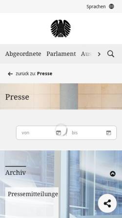 Vorschau der mobilen Webseite www.bundestag.de, Pressedienst des Deutschen Bundestages