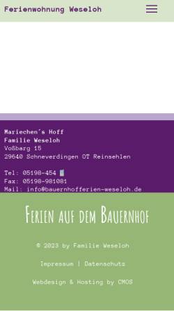 Vorschau der mobilen Webseite www.urlaub-kdw.de, Mariechens Hoff, Familie Weseloh