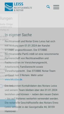 Vorschau der mobilen Webseite www.leiss-notar-hannover.de, Kossmann Leiss & Kollegen GbR