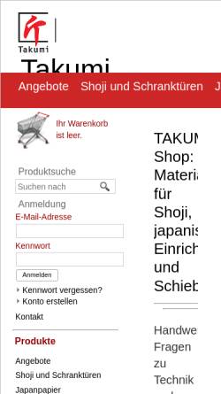 Vorschau der mobilen Webseite www.takumi-shop.de, TAKUMI Japanische Raumgestaltung
