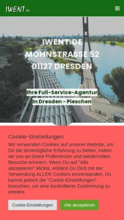 Vorschau der mobilen Webseite www.iwent.de, iwent.de - Internetcafe und Werbestudio in Dresden-Pieschen
