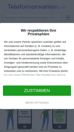 Vorschau der mobilen Webseite www.telefonvorwahlen.net, Nachschlagewerk für Vorwahlen in Deutschland