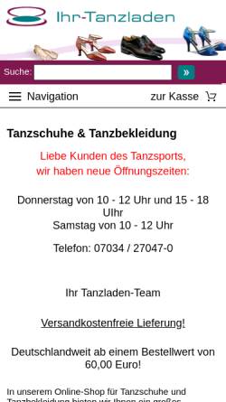Vorschau der mobilen Webseite www.ihr-tanzladen.de, ihr-tanzladen.de - Tanzkleidung, Tanzschuhe und Gardestiefel
