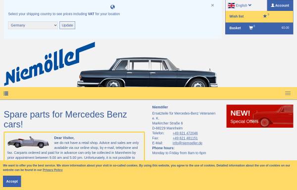 Vorschau von www.niemoeller.de, niemoeller.de - Ersatzteile für Mercedes Benz Oldtimer