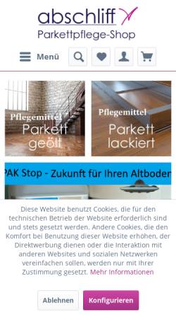 Vorschau der mobilen Webseite www.parkett-pflegemittel.de, Abschliff Parkettpflege-Shop