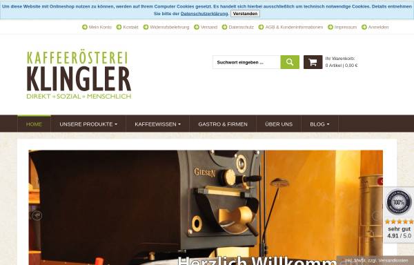 Vorschau von kaffeeklingler.de, Kaffeerösterei Klingler - Onlineshop der Kaffeemanufaktur