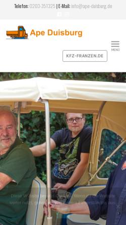 Vorschau der mobilen Webseite ape-duisburg.de, KFZ Franzen - Piaggio Ape Ersatzteile