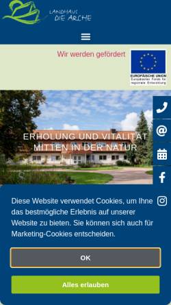 Vorschau der mobilen Webseite diearche.de, Landhaus Die Arche, Natur- und Bio-Hotel am Plauer See / Müritz-Kreis