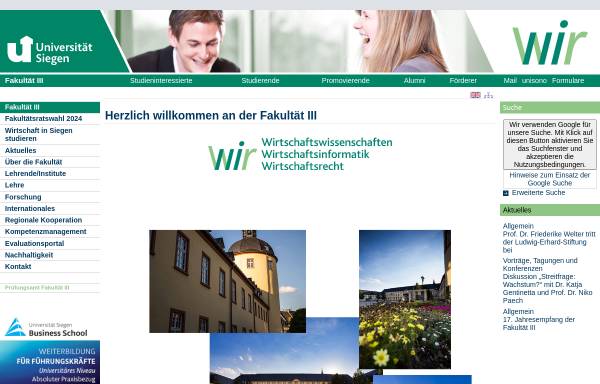 Vorschau von www.uni-siegen.de, Fakultät III: Wirtschaftswissenschaften, Wirtschaftsinformatik und Wirtschaftsrecht