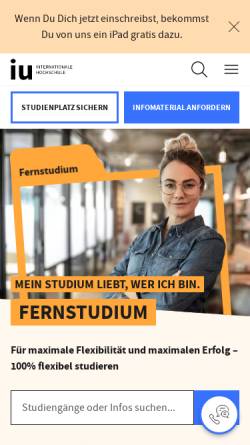 Vorschau der mobilen Webseite www.iubh-fernstudium.de, Fernstudienprogramme der Internationalen Hochschule Bad Honnef - Bonn (IUBH)