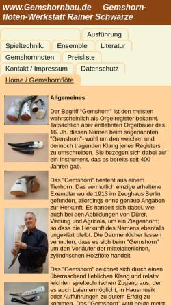 Vorschau der mobilen Webseite www.gemshornbau.de, Gemshornflötenwerkstatt Rainer Schwarze