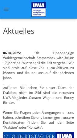 Vorschau der mobilen Webseite www.uwa-ammersbek.de, Unabhängige Wählergemeinschaft Ammersbek