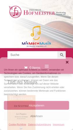 Vorschau der mobilen Webseite www.hofmeister-musikverlag.com, Friedrich Hofmeister Musikverlag Leipzig