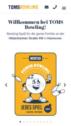 Vorschau der mobilen Webseite www.toms-bowling.de, Toms Bowling - Inh. Sabine Renkel