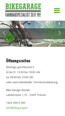 Vorschau der mobilen Webseite www.bikegarage.li, Bike Garage Anstalt