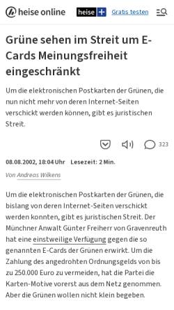 Vorschau der mobilen Webseite www.heise.de, Grüne sehen im Streit um E-Cards Meinungsfreiheit eingeschränkt