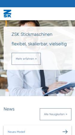 Vorschau der mobilen Webseite www.zsk.de, ZSK Stickmaschinen GmbH