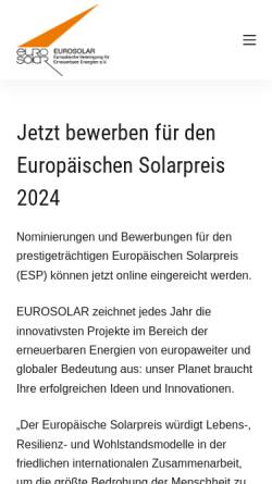 Vorschau der mobilen Webseite www.eurosolar.de, Europäische Sonnenenergievereinigung e.V. (Eurosolar)