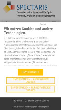 Vorschau der mobilen Webseite www.spectaris.de, Spectaris - Deutscher Industrieverband für optische, medizinische und mechatronische Technologien e.V.