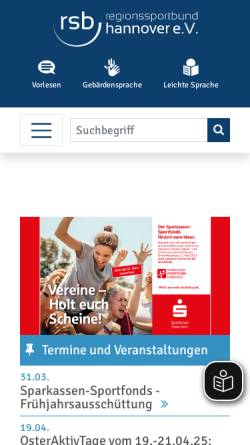 Vorschau der mobilen Webseite www.rsbhannover.de, Regionssportbund Hannover e. V.