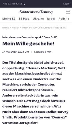 Vorschau der mobilen Webseite www.sueddeutsche.de, Interview zum Computerspiel: ''Deus Ex II'' Mein Wille geschehe! - Kultur - sueddeutsche.de