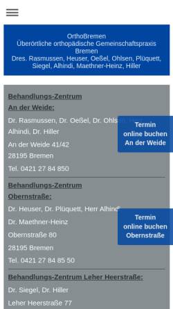 Vorschau der mobilen Webseite www.orthobremen.de, Orthopädische Gemeinschaftspraxis Hartz, Mick, Kuther