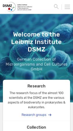 Vorschau der mobilen Webseite www.dsmz.de, Leibniz Institut DSMZ - Deutsche Sammlung von Mikroorganismen und Zellkulturen GmbH