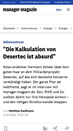 Vorschau der mobilen Webseite www.manager-magazin.de, Manager-magazin.de - Interview mit Hermann Scheer - Wüstenstrom: 