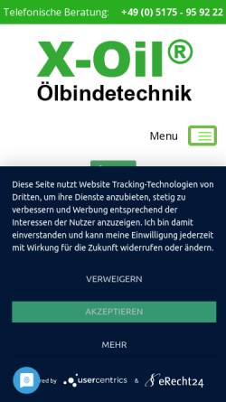 Vorschau der mobilen Webseite www.x-oil.de, X-Oil - Ölbindetechnik - Inh. Petra Hellmann