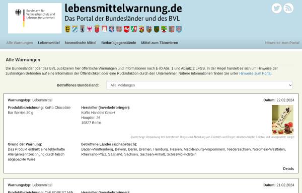Vorschau von www.lebensmittelwarnung.de, Lebensmittelwarnung.de