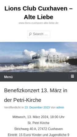 Vorschau der mobilen Webseite www.lions-cuxhaven-alte-liebe.de, Lions Club Cuxhaven - Alte Liebe