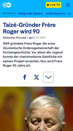 Vorschau der mobilen Webseite www.dw.com, Taizé-Gründer Frère Roger wird 90 (von dw-world.de)